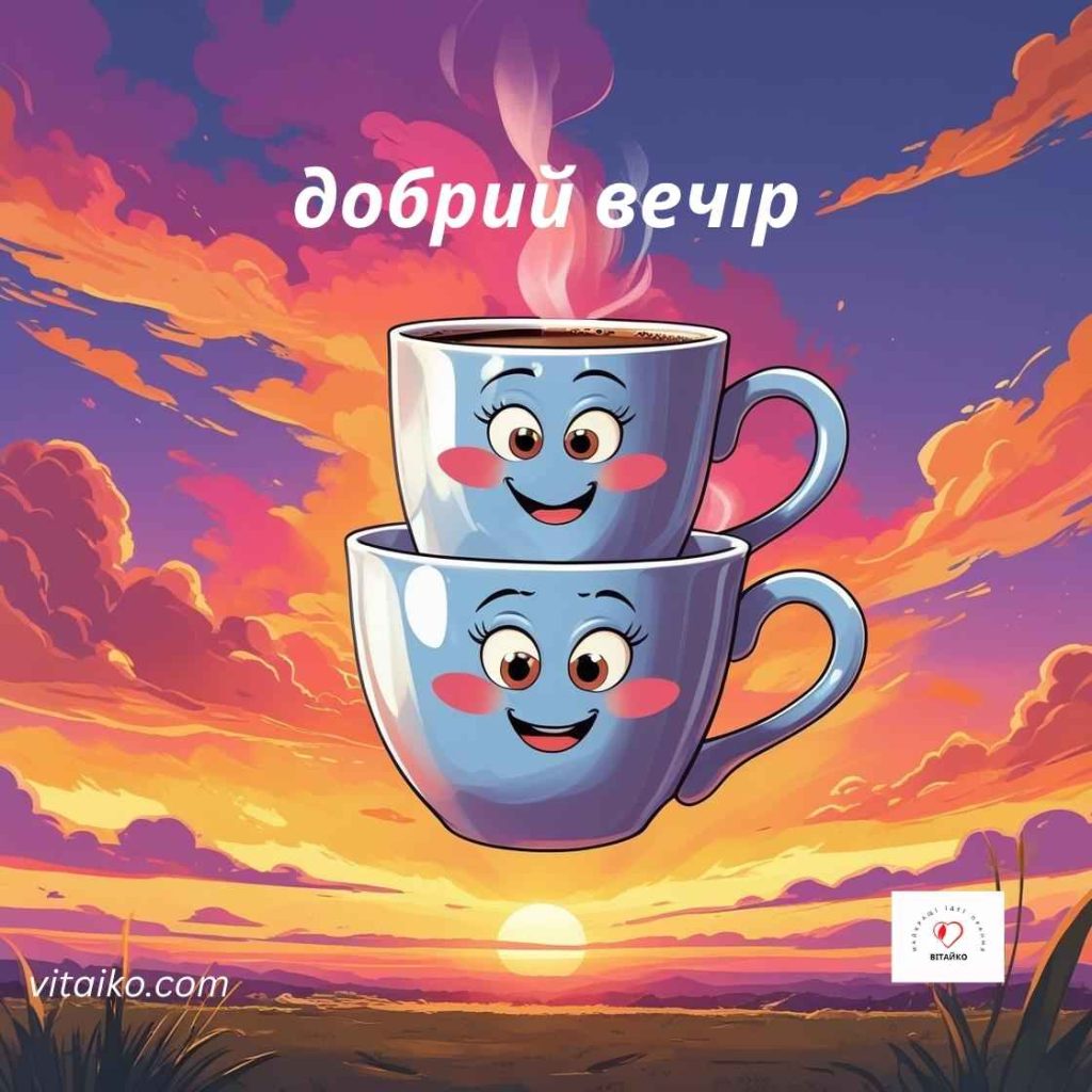 Чашка кави перетворюється на чай із кумедними обличчями на фоні заходу сонця