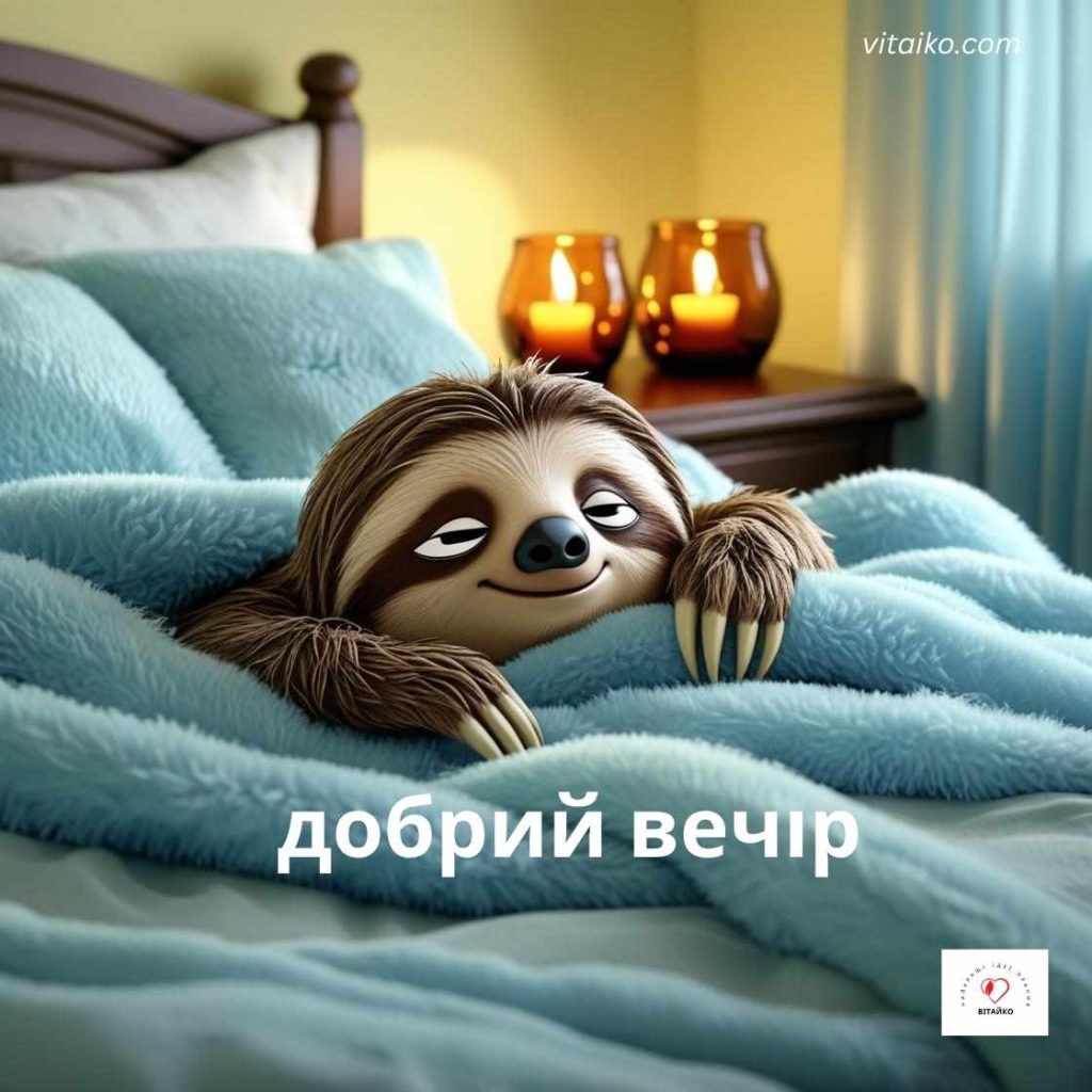 Лінивець залазить у ліжко з ковдрою у затишній кімнаті зі свічками