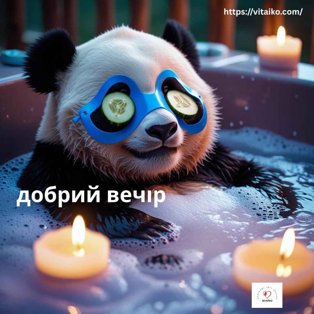 Панда з маскою та огірками на очах розслабляється у ванні серед запалених свічок