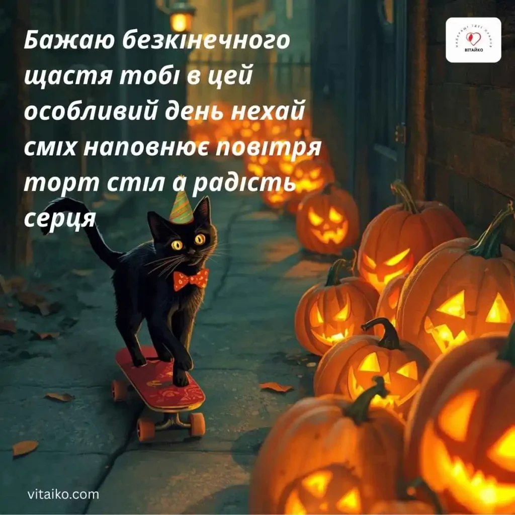 Смішне привітання з Днем народження чорного кота з гарбузами