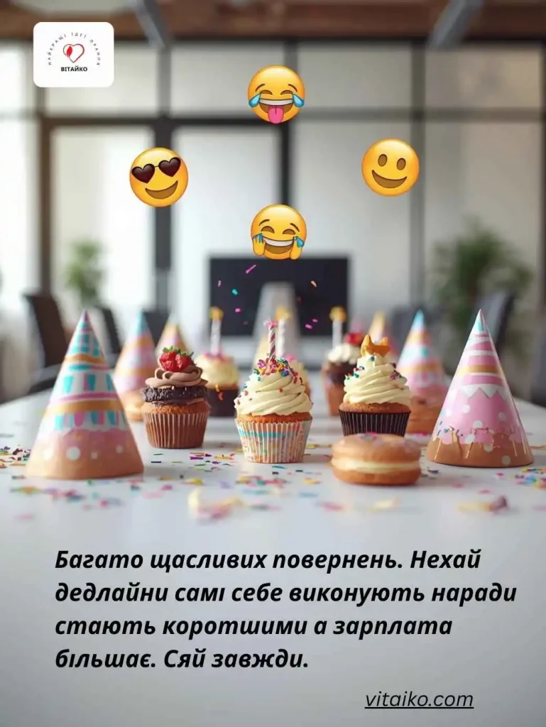 Офісний стіл з капкейками, пончиками, конфеті та веселими емодзі для колеги