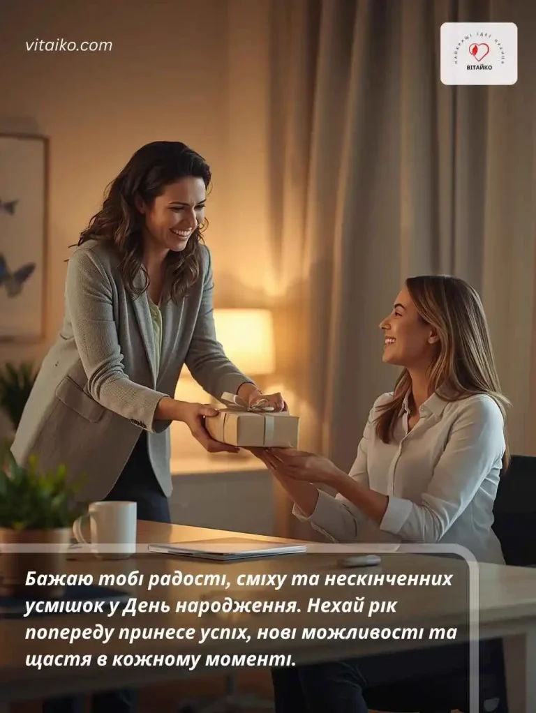 Колега дарує подарунок колезі-жінці за офісним столом з радістю