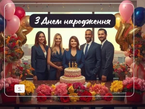 Колеги у святковому офісі навколо торта з квітами та повітряними кулями