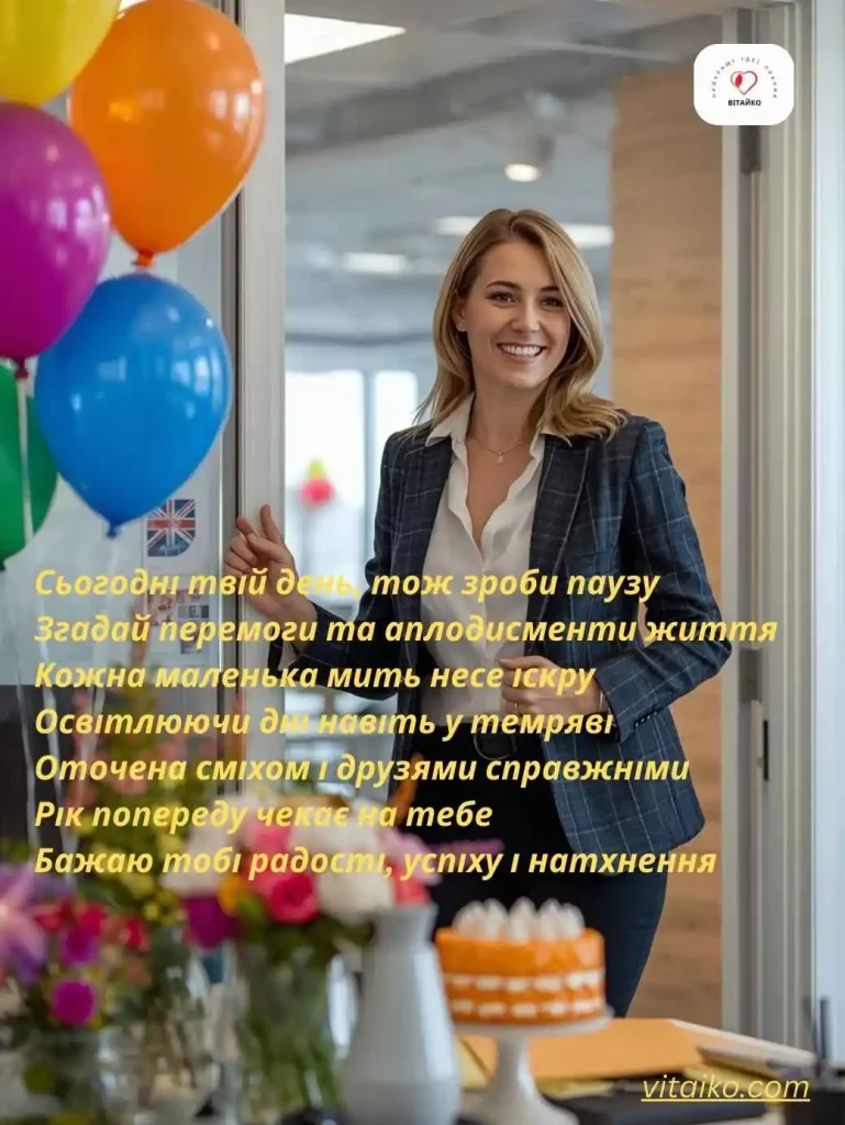 Жінка святкує День народження в офісі з тортом та святковою атмосферою