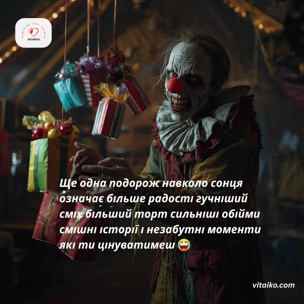 Смішне привітання з Днем народження зомбі-клоуна з пакетами солодощів